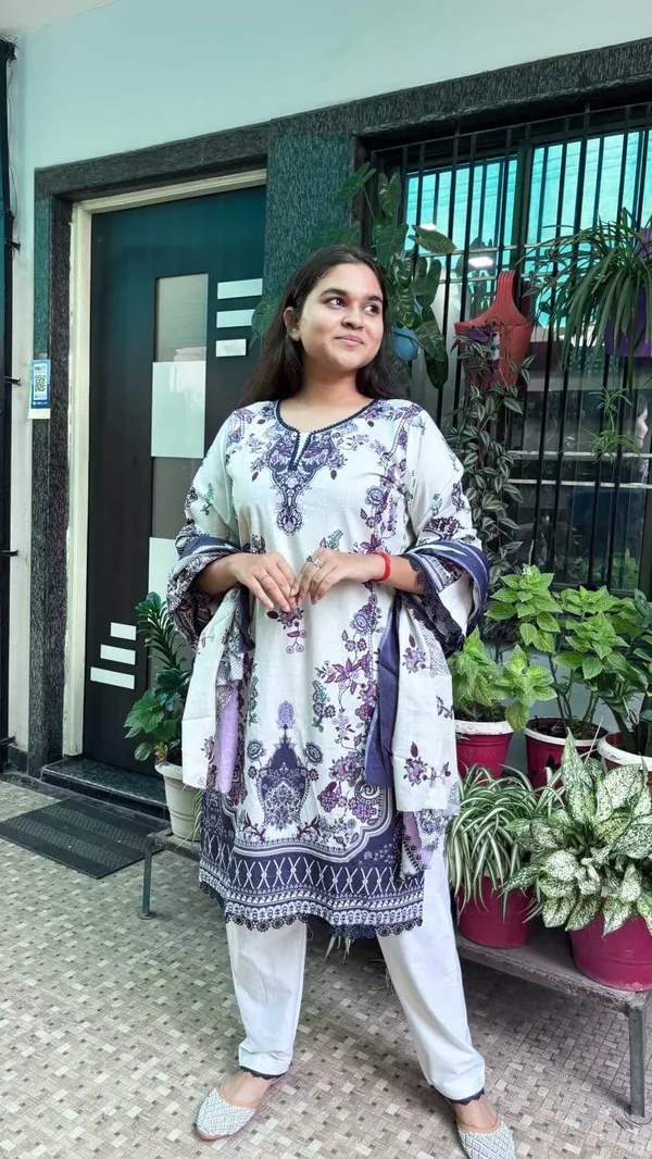 Off_White_And_Purple_Premium_Cotton_Kurti_With_Pant_And_Dupatta_Set_For_Women