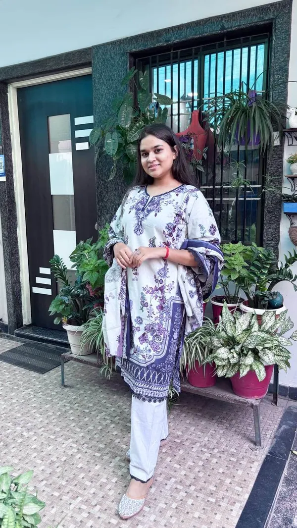 Off_White_And_Purple_Premium_Cotton_Kurti_With_Pant_And_Dupatta_Set_For_Women