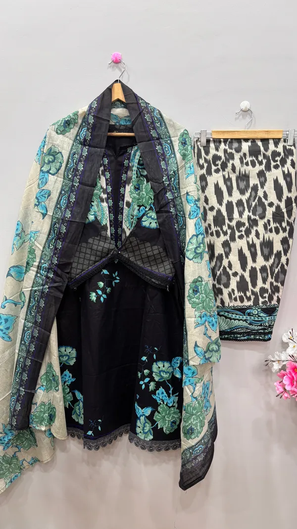 Black_And_Blue_Premium_Cotton_Kurti_With_Pant_And_Dupatta_Set_For_Women