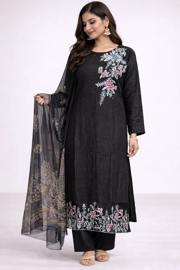 Black_Premium_Cotton_Kurti_With_Pant_And_Dupatta_Set_For_Women