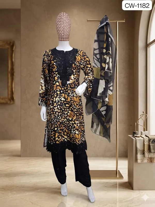 Golden_Premium_Silk_Kurti_With_Pant_And_Dupatta_Set_For_Women