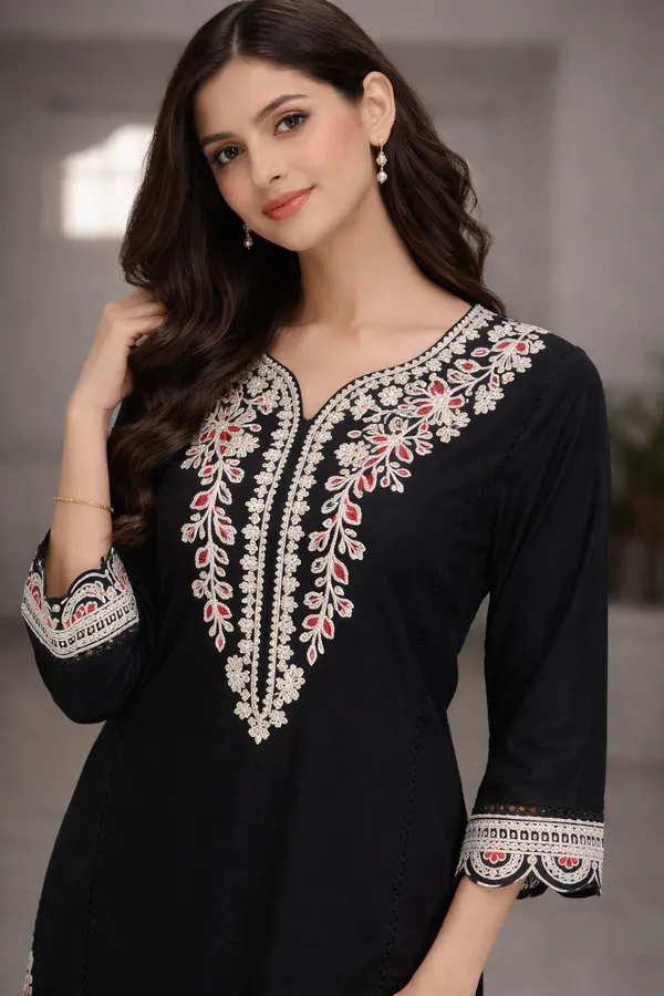 Black_Premium_Cotton_Kurti_With_Pant_And_Dupatta_Set_For_Women