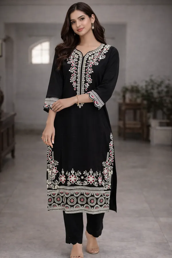 Black_Premium_Cotton_Kurti_With_Pant_And_Dupatta_Set_For_Women