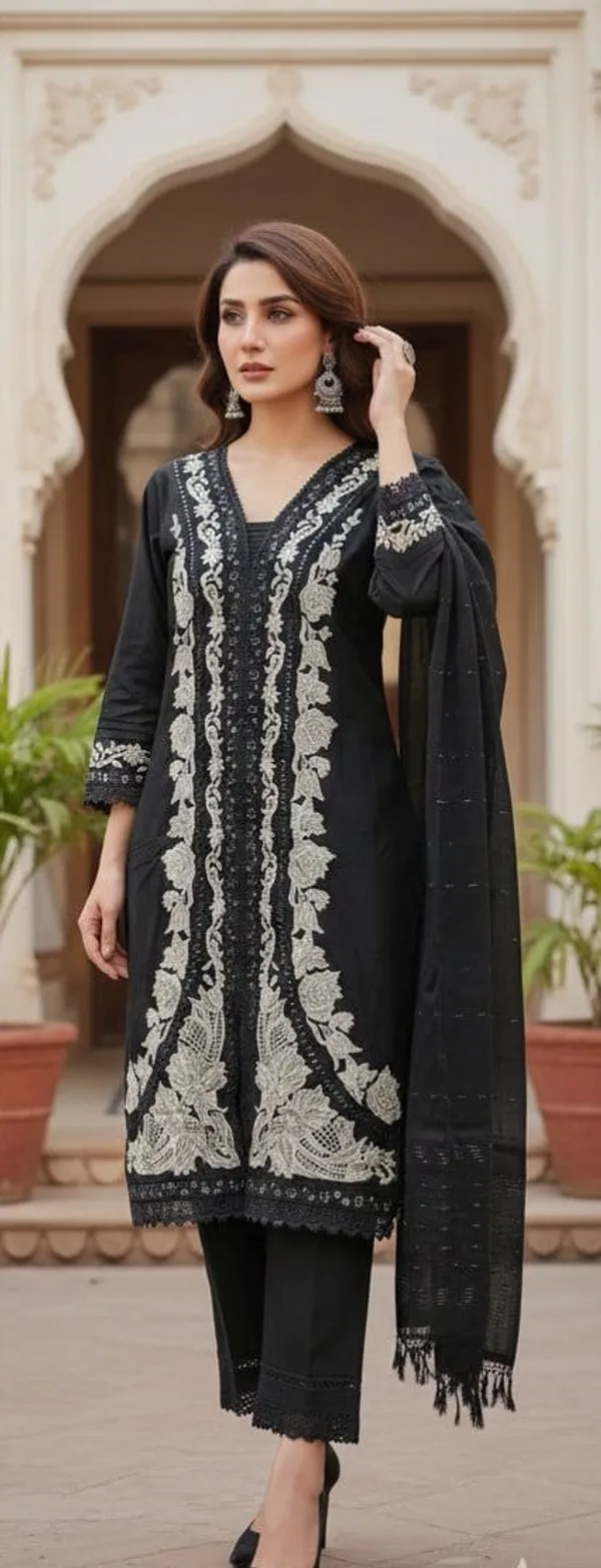 Black_Embroidered_Kurti_Pant_Set_with_Dupatta