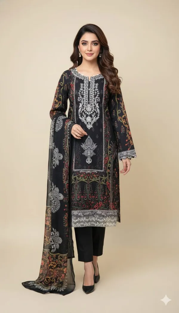 Black_And_Multicolor_Premium_Cotton_Kurti_With_Pant_And_Dupatta_Set_For_Women
