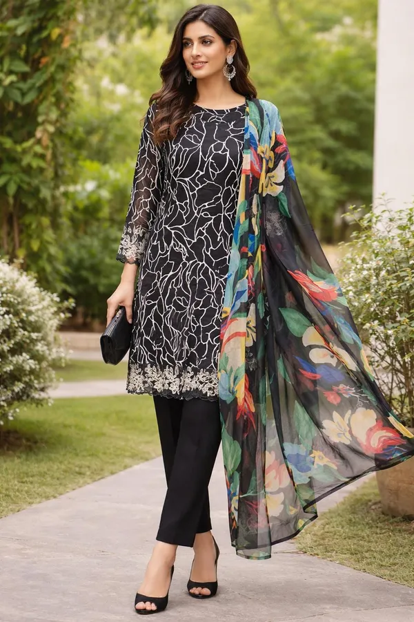 Black_Premium_Cotton_Kurti_With_Pant_And_Dupatta_Set_For_Women