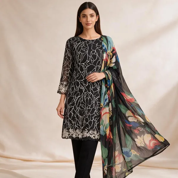 Black_Premium_Cotton_Kurti_With_Pant_And_Dupatta_Set_For_Women