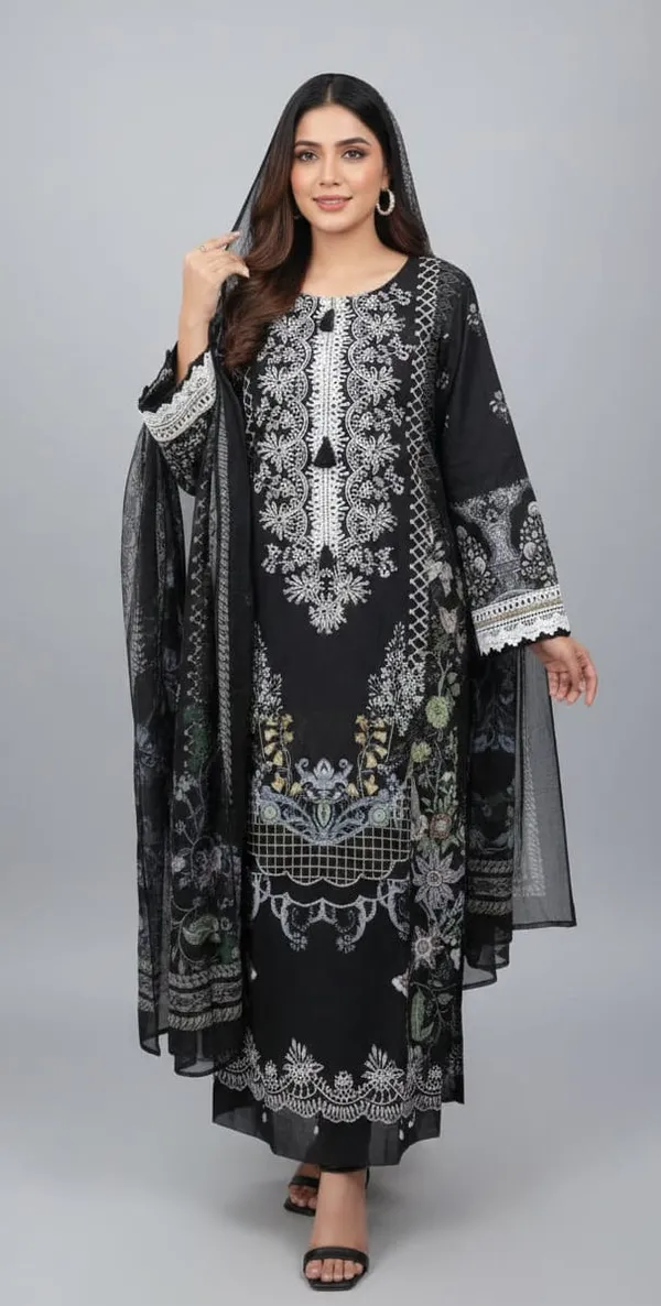 Black_Premium_Cotton_Kurti_With_Pant_And_Dupatta_Set_For_Women