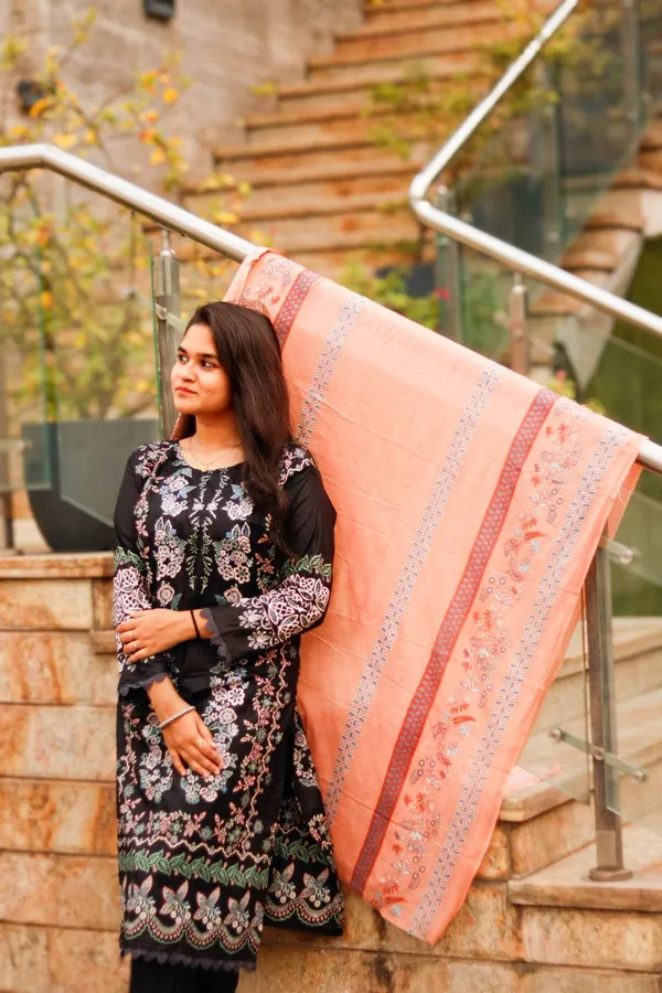 Black_And_Orange_Premium_Cotton_Kurti_With_Pant_And_Dupatta_Set_For_Women