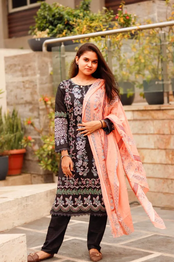 Black_And_Orange_Premium_Cotton_Kurti_With_Pant_And_Dupatta_Set_For_Women