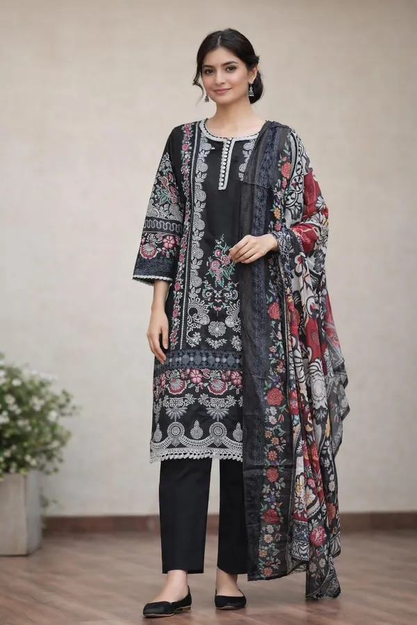 Black_Premium_Cotton_Kurti_With_Pant_And_Dupatta_Set_For_Women