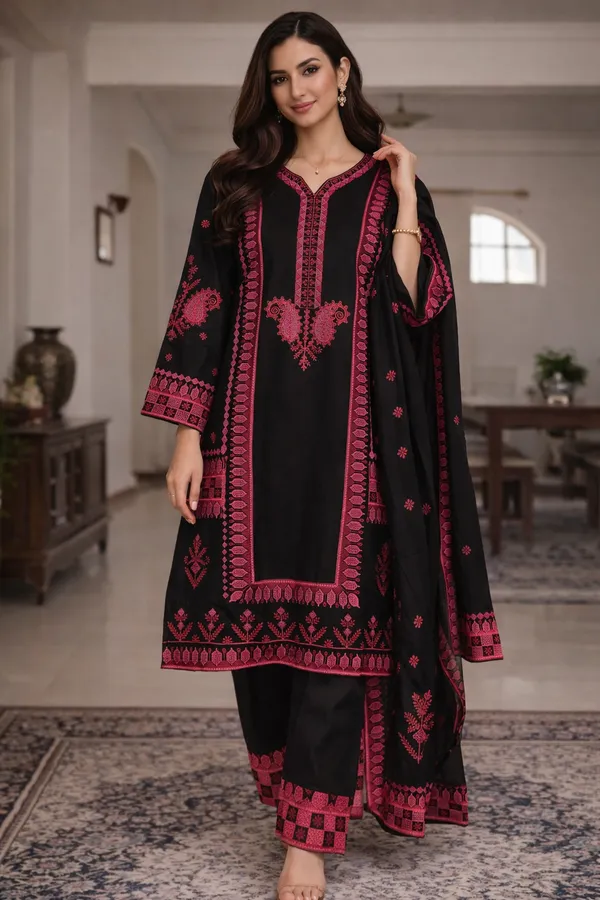 Black_And_Pink_Premium_Cotton_Kurti_With_Pant_And_Dupatta_Set_For_Women