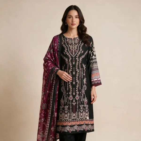 Black_And_Pink_Premium_Cotton_Kurti_With_Pant_And_Dupatta_Set_For_Women