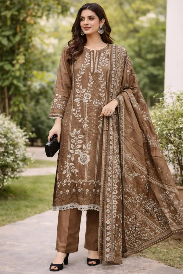 Brown_Premium_Cotton_Kurti_With_Pant_And_Dupatta_Set_For_Women