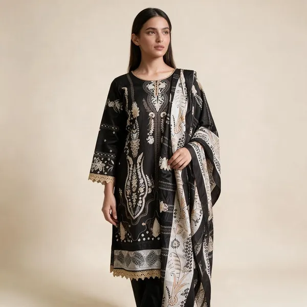 Black_Premium_Cotton_Kurti_With_Pant_And_Dupatta_Set_For_Women
