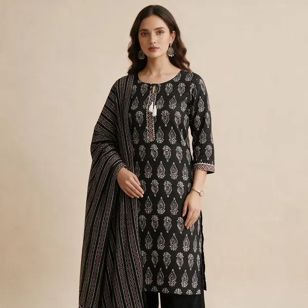 Black_Premium_Cotton_Kurti_With_Pant_And_Dupatta_Set_For_Women
