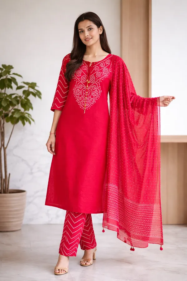 Pink_Cotton_Bandhani_Kurti_Pant_Dupatta_Set_with_Pocket