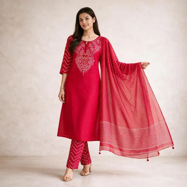 Red_Premium_Cotton_Kurti_With_Pant_And_Dupatta_Set_For_Women