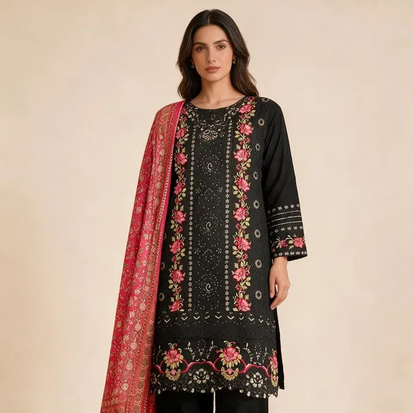 Black_Premium_Cotton_Kurti_With_Pant_And_Dupatta_Set_For_Women