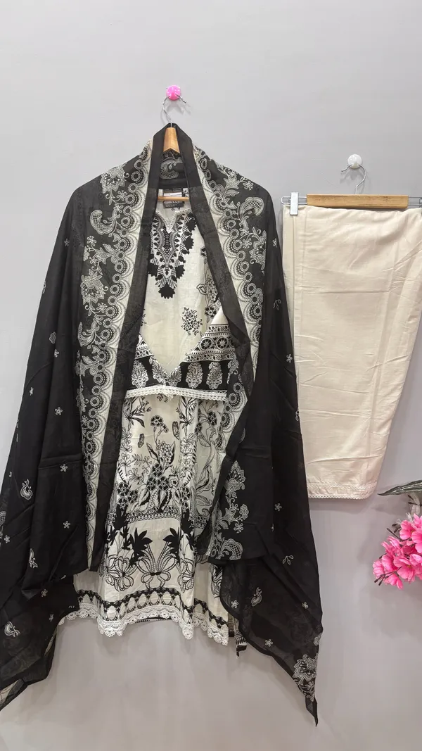 Black_And_White_Premium_Cotton_Kurti_With_Pant_And_Dupatta_Set_For_Women