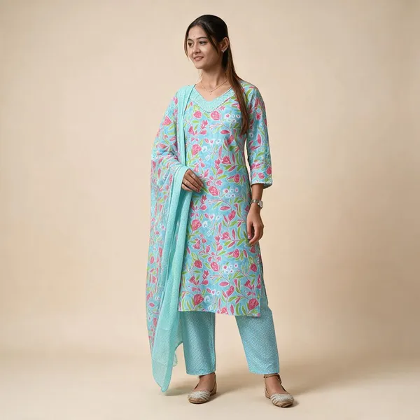 Blue_And_Pink_Premium_Cotton_Kurti_With_Pant_And_Dupatta_Set_For_Women