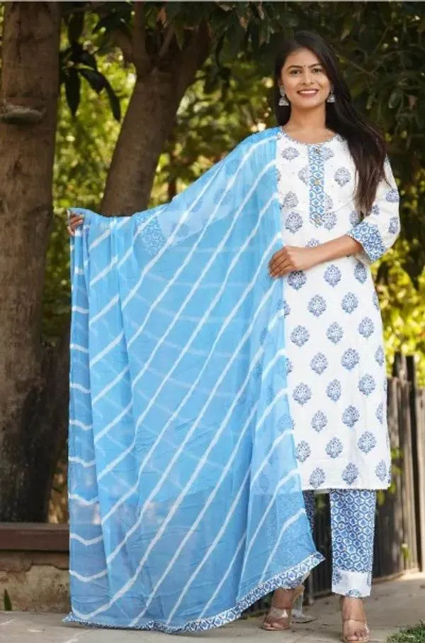 Blue_And_White_Premium_Cotton_Kurti_With_Pant_And_Dupatta_Set_For_Women