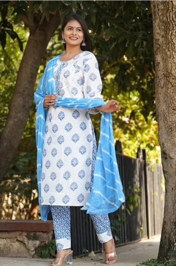 Blue_And_White_Premium_Cotton_Kurti_With_Pant_And_Dupatta_Set_For_Women