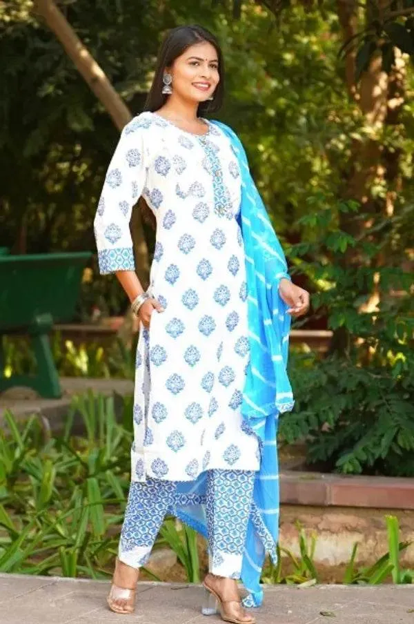 Blue_And_White_Premium_Cotton_Kurti_With_Pant_And_Dupatta_Set_For_Women
