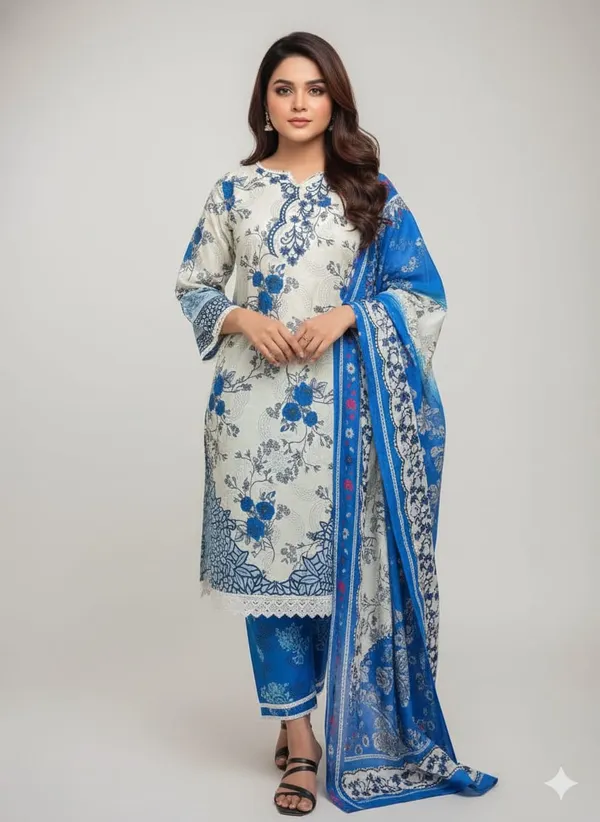 Blue_Premium_Cotton_Kurti_With_Pant_And_Dupatta_Set_For_Women