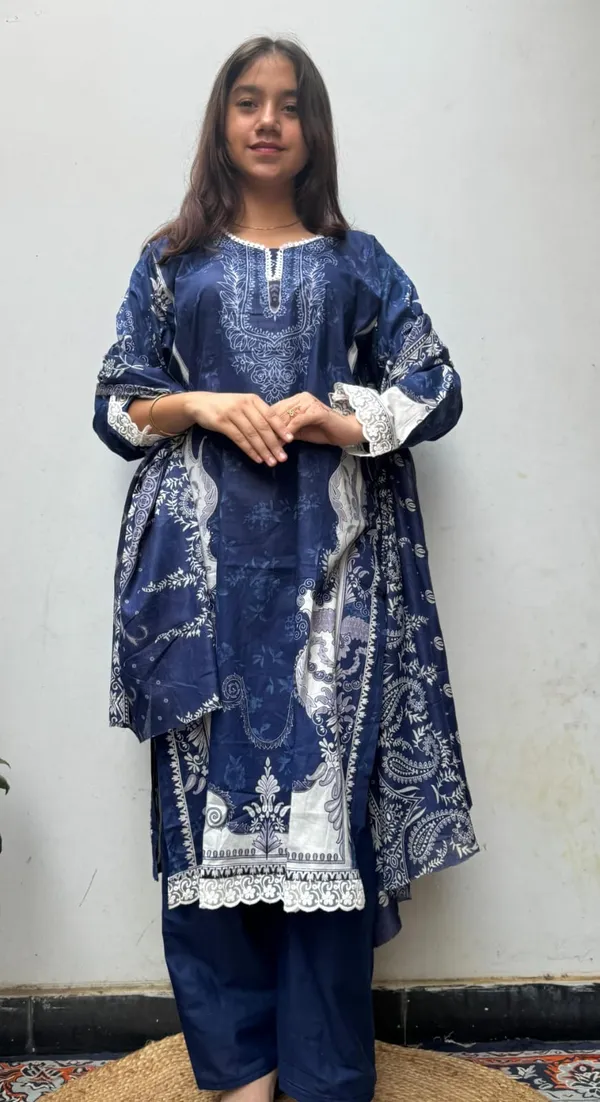 Blue_Premium_Cotton_Kurti_With_Pant_And_Dupatta_Set_For_Women