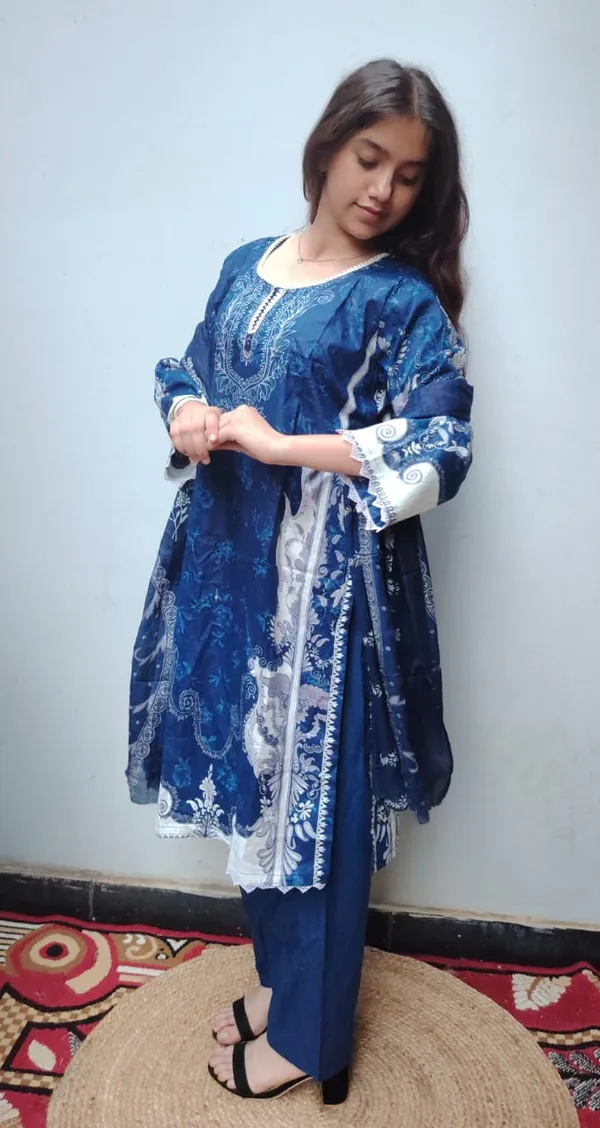 Blue_Premium_Cotton_Kurti_With_Pant_And_Dupatta_Set_For_Women