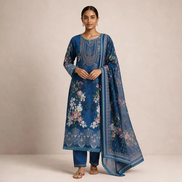 Blue_Premium_Cotton_Kurti_With_Pant_And_Dupatta_Set_For_Women