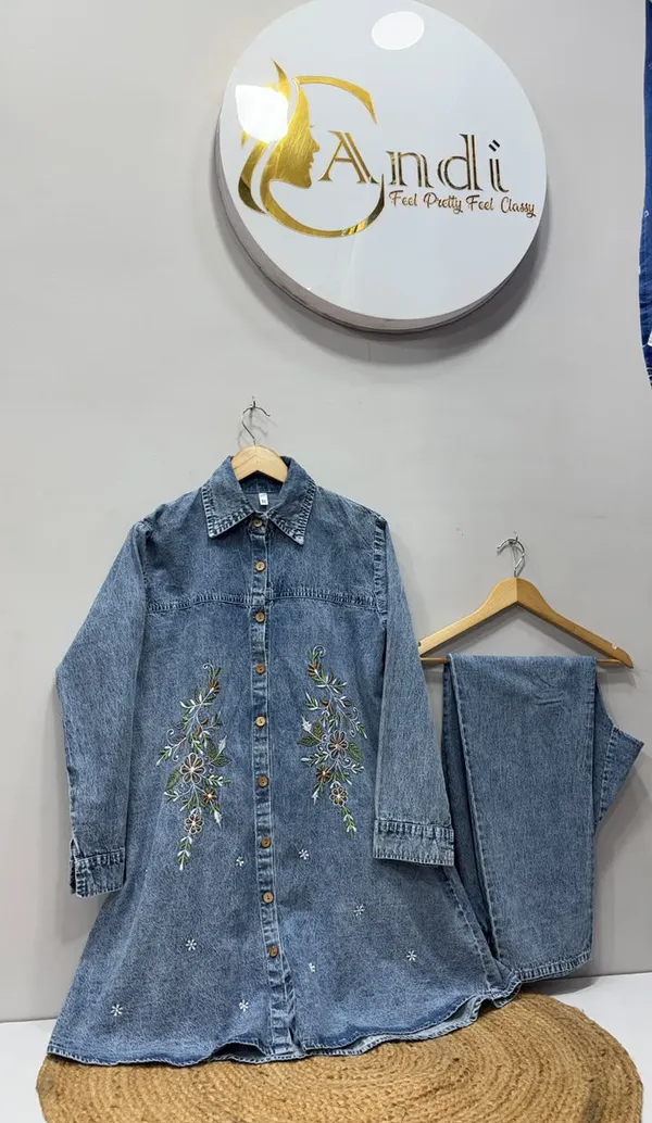 Sky_Blue_Floral_Embroidered_Denim_Kurti_with_Pant_Set