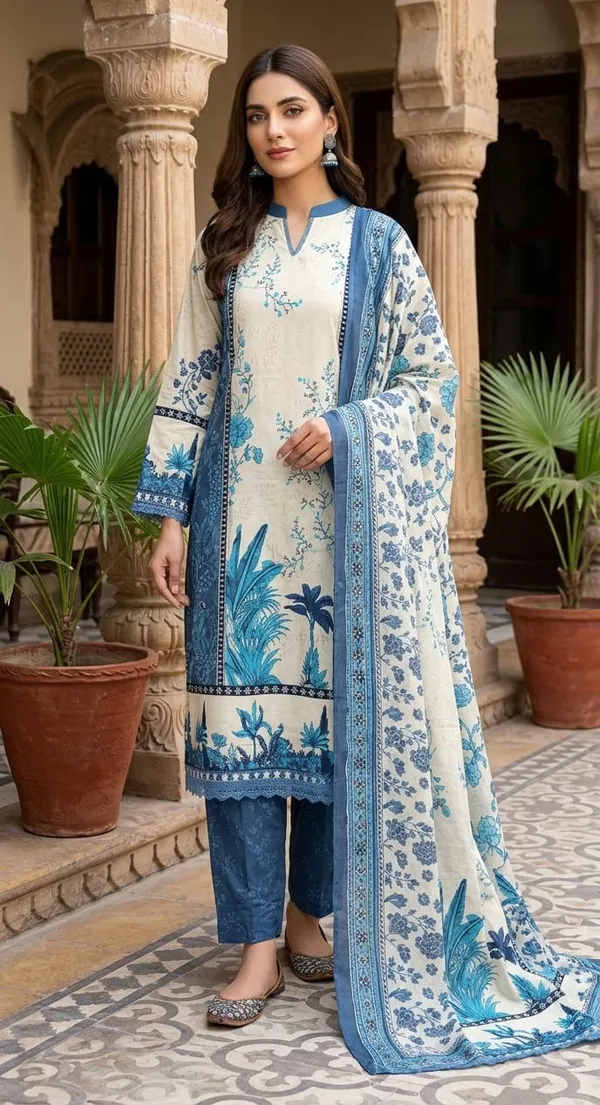 Blue_Premium_Cotton_Kurti_With_Pant_And_Dupatta_Set_For_Women