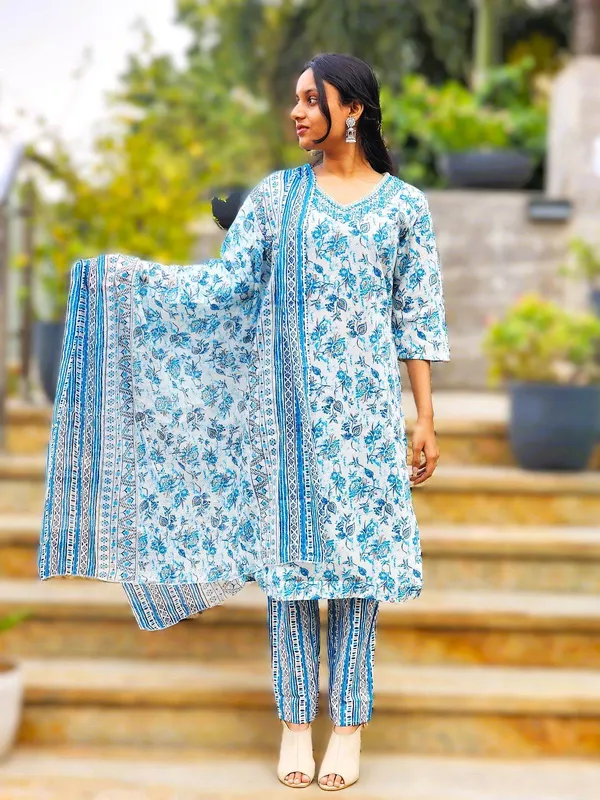 Blue_Premium_Polyester_Kurti_With_Pant_And_Dupatta_Set_For_Women