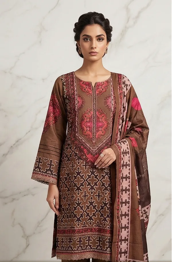 Brown_Premium_Cotton_Kurti_With_Pant_And_Dupatta_Set_For_Women