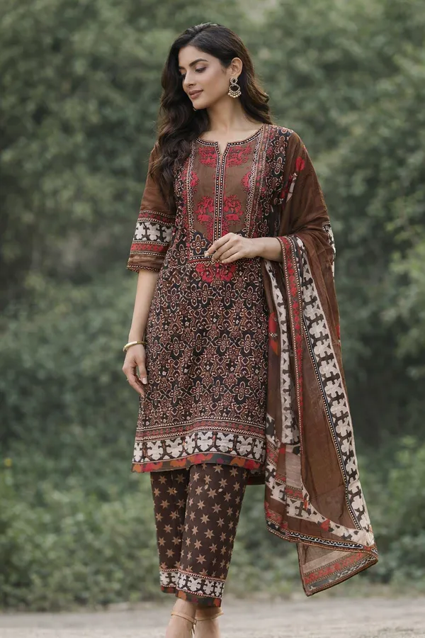 Brown_Premium_Cotton_Kurti_With_Pant_And_Dupatta_Set_For_Women