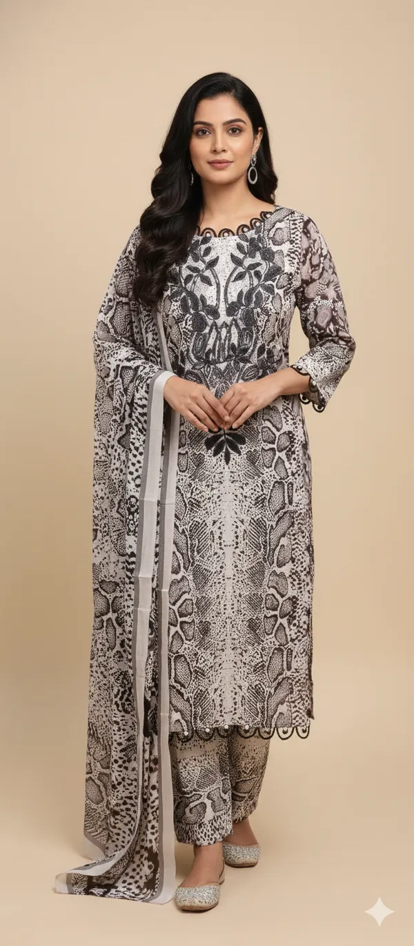Cream_And_Brown_Premium_Cotton_Kurti_With_Pant_And_Dupatta_Set_For_Women