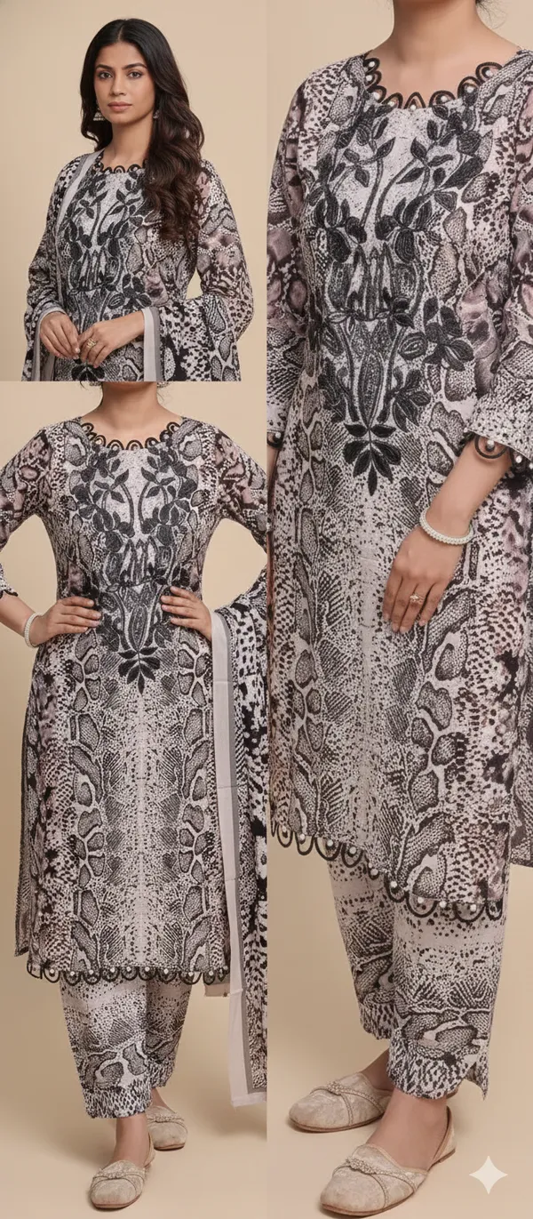 Cream_And_Brown_Premium_Cotton_Kurti_With_Pant_And_Dupatta_Set_For_Women