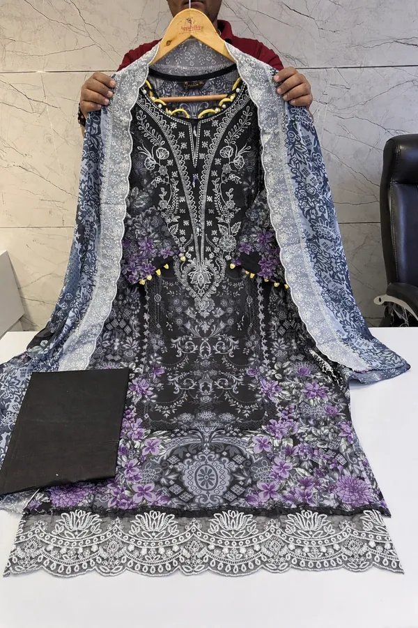 Black_And_Purple_Premium_Cotton_Kurti_With_Pant_And_Dupatta_Set_For_Women