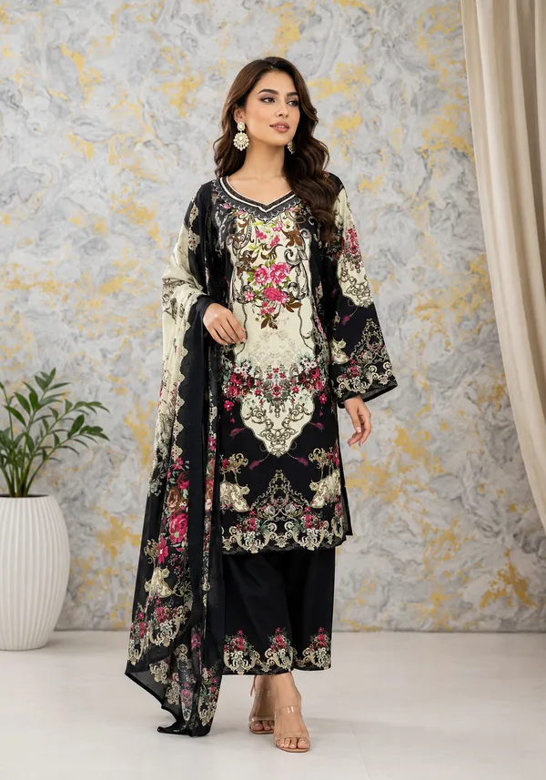Black_And_White_Premium_Silk_Kurti_With_Pant_And_Dupatta_Set_For_Women