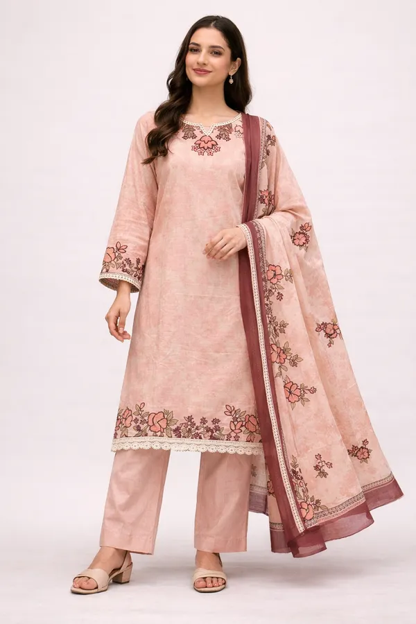 Peach_Premium_Cotton_Kurti_With_Pant_And_Dupatta_Set_For_Women