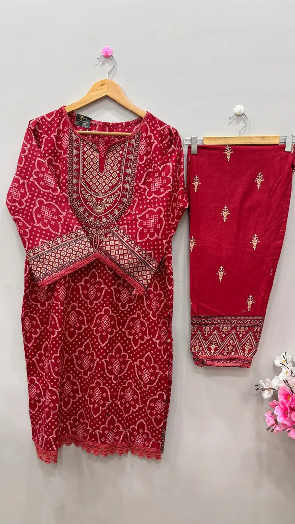 Red_Premium_Cotton_Kurti_With_Pant_And_Dupatta_Set_For_Women