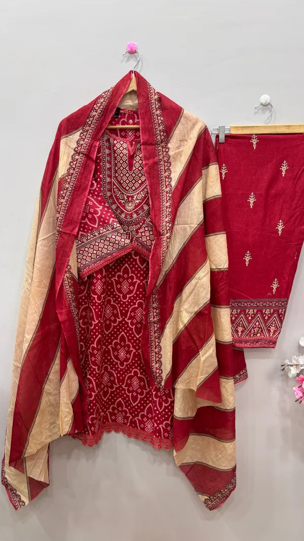 Red_Premium_Cotton_Kurti_With_Pant_And_Dupatta_Set_For_Women