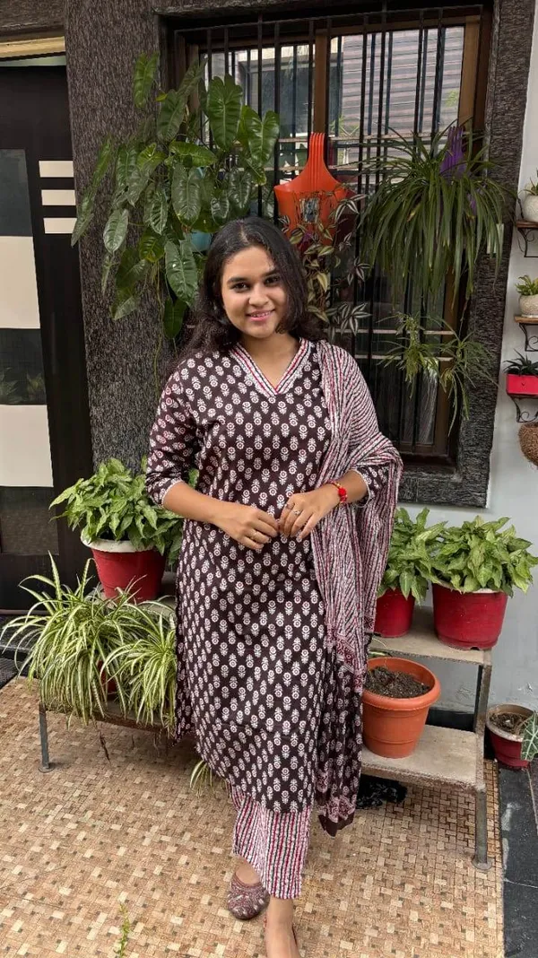 Chocolate_Brown_And_Maroon_Premium_Cotton_Kurti_With_Pant_And_Dupatta_Set_For_Women