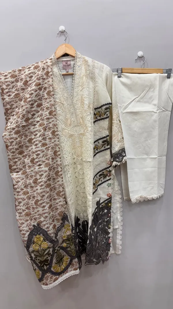 Cream_Premium_Rayon_Kurti_With_Pant_And_Dupatta_Set_For_Women