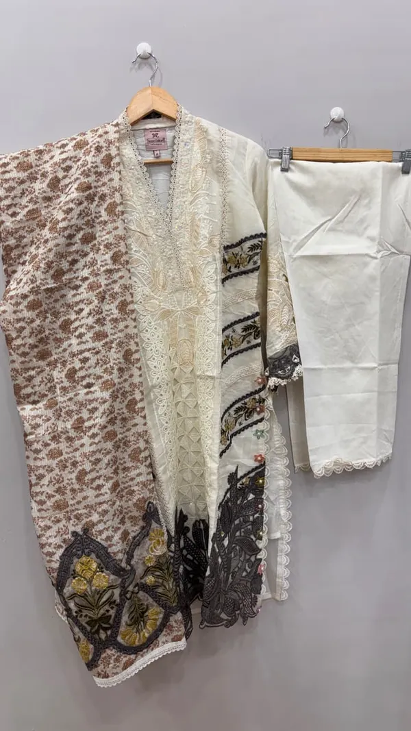 Cream_Premium_Rayon_Kurti_With_Pant_And_Dupatta_Set_For_Women