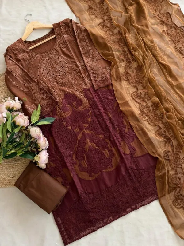 Coffee_Brown_Premium_Cotton_Kurti_With_Pant_And_Dupatta_Set_For_Women