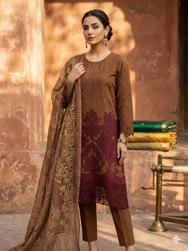 Coffee_Brown_Premium_Cotton_Kurti_With_Pant_And_Dupatta_Set_For_Women