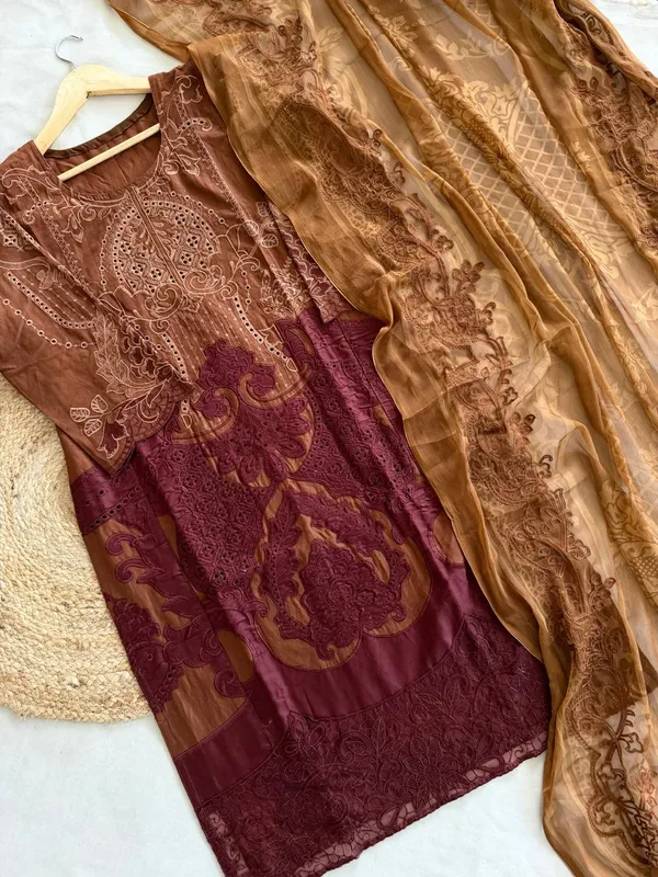 Coffee_Brown_Premium_Cotton_Kurti_With_Pant_And_Dupatta_Set_For_Women